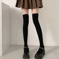 Thigh-high black ribbed knit socks for women in classic JK preppy academy style - One Size / Striped Over Knee Socks - Black