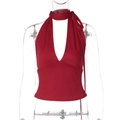 Detailed view of the red halter neck top with deep V-neck and scarf collar design - S / Red