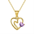Bohemian gold necklace featuring a dual heart pendant with a purple heart-shaped zircon - Amethyst, 14K Gold Plated, Approx. Weight 1.6g
