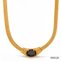 Gold-tone stainless steel snake chain necklace with black oval glass stone pendant - Gold with Black Gemstone (KDD128)