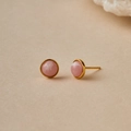 Pink round natural stone stud earrings with 18K gold plated brass base for women - Pink