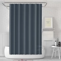 Detail of dark grey PEVA shower curtain with hanging hooks in a modern white bathroom - Aqua