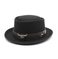 Chapeau pork pie en feutre noir avec bande cuir, tête de taureau et broderies - M (56-58cm) / Noir