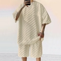 Men's apricot casual two-piece set with checkered jacquard texture shorts and shirt - S / Khaki