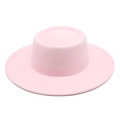 Close-up of a light pink wool felt boater hat with a flat top and wide brim design - M (56-58cm) / Pink