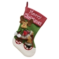 Christmas stocking with green body, reindeer on bicycle, and red Merry Christmas cuff - Reindeer Style