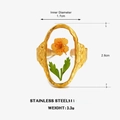 Hammered gold stainless steel ring with orange dried flowers and green leaves inlay - Orange Flower Round Style (款式1)