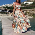 Chic two-piece summer set featuring a floral crop top and layered bohemian maxi skirt - S / Yellow