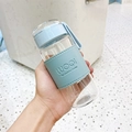 Minimalist clear glass water bottle with light blue leather sleeve and carry strap - 340ml / Without Tea Infuser / Blue