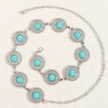 Silver alloy chain belt featuring round turquoise stones with adjustable lobster clasp closure - Silver Turquoise Style (19439)