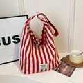 Retro red and white striped canvas tote bag with large capacity for casual shopping - Red