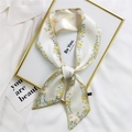 Floral print white hair scarf ribbon with yellow and pink blossoms in knotted style - 7*100cm / Khaki Colorful Flower Leaf Border
