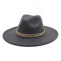 Detail of dark grey wide brim wool fedora hat featuring colorful geometric woven band - M (56-58cm) / Dark Gray