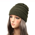 Women's warm winter knit beanie hat in deep army green color with ribbed texture - Olive Green