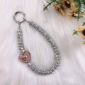 Luxury silver phone charm with sparkling pink crystal heart pendant on white fur - Rose Gold/Pink Large Stone Heart