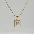 Gold square Pisces zodiac necklace with white shell inlay on a snake chain - Pisces / White Mother of Pearl