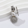 Elegant snowman brooch featuring sparkling rhinestones and a large pearl on a silver base - RW0222 Pearl Snowman