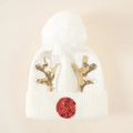 Cream knit Christmas hat with gold sequin antlers and red nose for kids' winter warmth - One Size / White