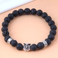 Lava stone bead bracelet with a vintage silver owl charm and greek key spacers - Owl