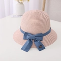 Cappello di paglia intrecciata rosa con grande fiocco in denim blu e etichetta in pelle - Bambini 54cm (4-9 Anni) / Solo Cappello / Rosa