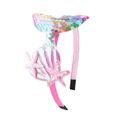 Macro view of children's colorful sequin mermaid tail headband with shell detail - Blue Multi
