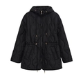 Women's black quilted hooded jacket with adjustable drawstring waist and gold zipper - XS / Black