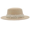 French vintage beige wool felt boater hat with elegant wide pearl ribbon decoration - M (56-58cm) / Beige (Large Pearl)