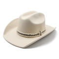 Stylish cream western cowboy wool felt hat with checkered ribbon and fringe detail - M (56-58cm) / Beige