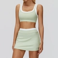 Two-piece light green yoga set with double-layer sports bra and high-waisted tennis skirt - S / Top And Bottom / Mint Green