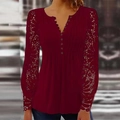 Wine red V-neck long sleeve top with lace sleeves and button-up front detail - S / Tops / Red