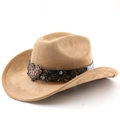 Detail of suede cowboy hat with paisley leather band and jeweled heart buckle - M (56-58cm) / Dark Camel
