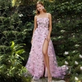 Pink floral evening gown with 3D flower appliques and high slit for elegant prom parties - US 2 / Pink