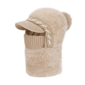 Women's beige winter knitted hood with faux fur pompom and integrated face mask - Khaki