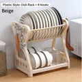 Égouttoir à vaisselle beige en plastique à 2 niveaux avec 4 crochets pour rangement cuisine - Style en plastique beige