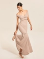 Pink textured knit maxi dress with off-shoulder ruffles and V-neck slim silhouette - S / Ivory