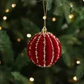 8cm red velvet Christmas ball with gold sequins and beads hanging on festive tree - Vertical Stripe Christmas Ball