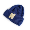 Kids navy blue knit beanie with a stylish off-white letter N patch for winter - Royal Blue