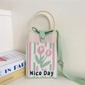 Close-up of knit tulip pattern and Nice Day text on the crossbody phone bag - 10 Phone Bag-Two Tone Tulip