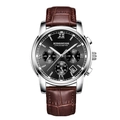 Business men's chronograph with black dial, roman numerals and brown leather strap - Brown Leather Strap Silver Case Black Dial