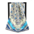Silky satin floral square scarf in cream with blue and pink vintage baroque patterns - Splendid Flowers Blue (SD90-20-3)