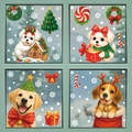 Christmas window stickers featuring cute puppy dogs with festive wreaths and gift boxes - 4-Piece Set (BQ618+BQ620+BQ625+BQ626)