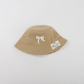 Khaki kids bucket hat with a white bow detail and handmade label on plain background - CM8006 Embroidery Bow Series / Khaki