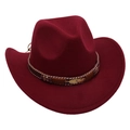 Detail of burgundy felt cowboy hat featuring a braided band and golden feather ornament - Burgundy Cowboy (Gold Feather)