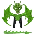 Green dragon cosplay set including detailed scale mask, wings, and tail for kids Halloween - One Size / Green