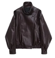 Gros plan détaillé de la veste en cuir marron foncé avec col montant et texture grainée fine - XS / Bordeaux
