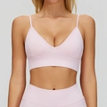 Nahtloses hellrosa Yoga-Sport-BH- und Leggings-Set mit feiner Rippenstruktur - S / Kirschblütenrosa