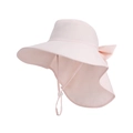 Pink wide brim sun hat with long neck flap and large decorative bow detail for women - Pink