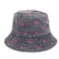Fashionable washed denim bucket hat for women featuring pink butterfly embroidery - 59cm / Black