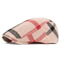 Beige geruite platte pet met rood en zwart ruitpatroon en getextureerde wollen stof - Khaki