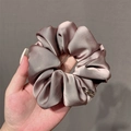 Dusty rose silk satin hair scrunchie with small gold logo tag for women hair accessory - Silver Gray